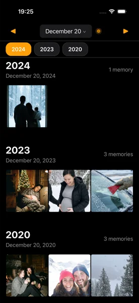 Ayer calendar view showing photo memories from the same date