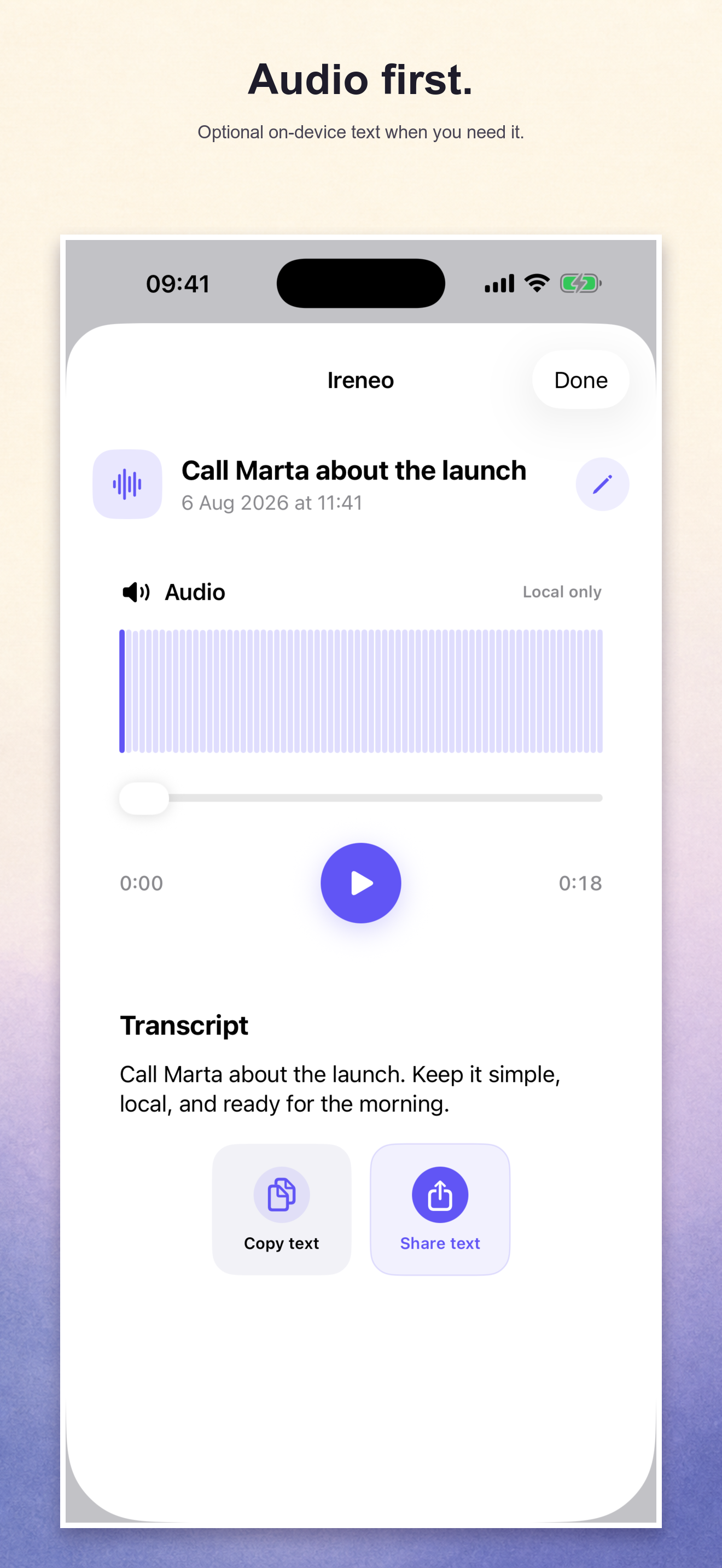 Ireneo audio playback and transcript screen