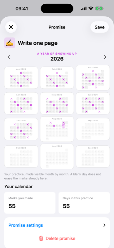 The app’s year view showing a personal promise month by month