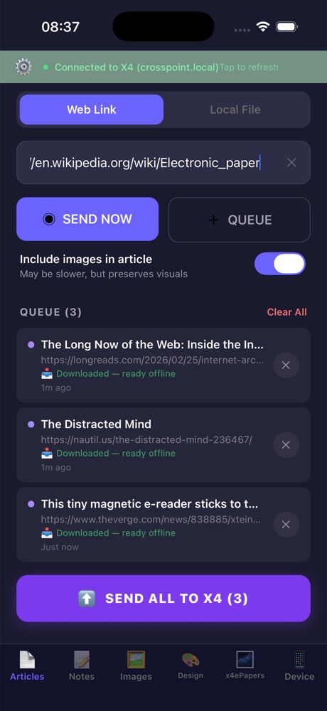 Send to X4 mobile app showing the article queue and send options