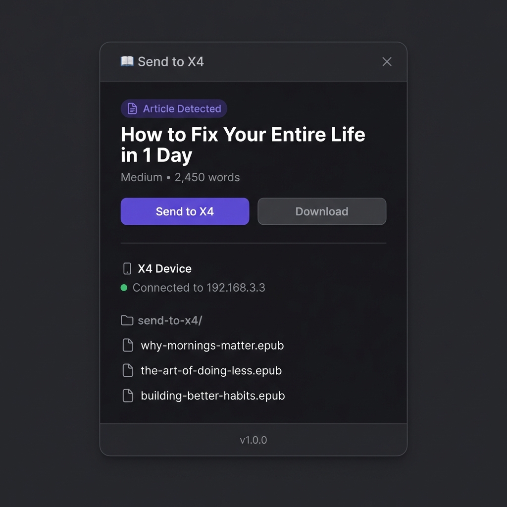 Send to X4 Chrome extension popup showing article detection and send button